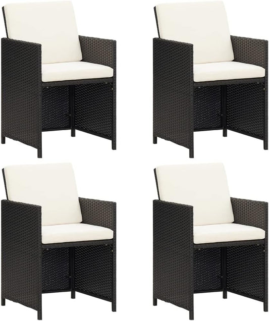 Set of 4 Polyrattan Garden Chairs Black with Cushions, Steel Frame and Modern Design for Outdoor Use Comfortable and Durable Dining Set with Armrests - QUORE