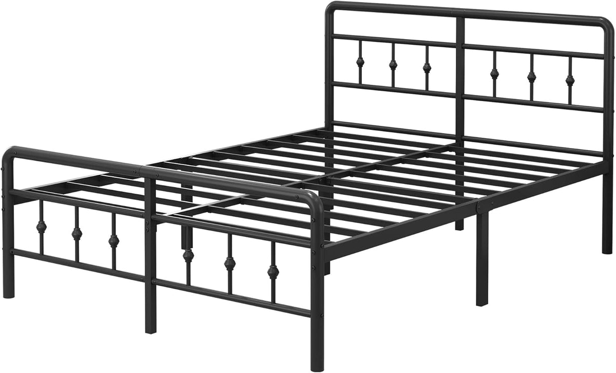 EMODA Metalen Bed Frame 160 x 200 cm met vintage style Hoofdeinde en Voetenbord, Heavy Duty Bedframe 36cm hoog met stalen lattenbodem, Eenvoudige montage, Geluidsvrij, Zwart