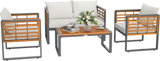 Vierdelige tuinmeubelset – loungeset – tuinlounge – balkonset – tuinbank met fauteuils – extra dikke kussens – acaciahouten tafel met stalen frame