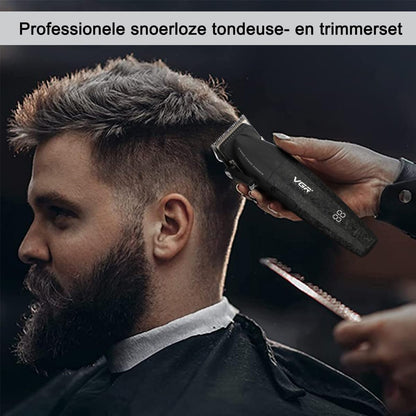 VGR 640 Professionele tondeuse voor heren, draadloze tondeuse- en trimmerset, Zero Gap T-blade, DLC keramisch lemmet, hoogwaardige kapperset met led-display (zwart)