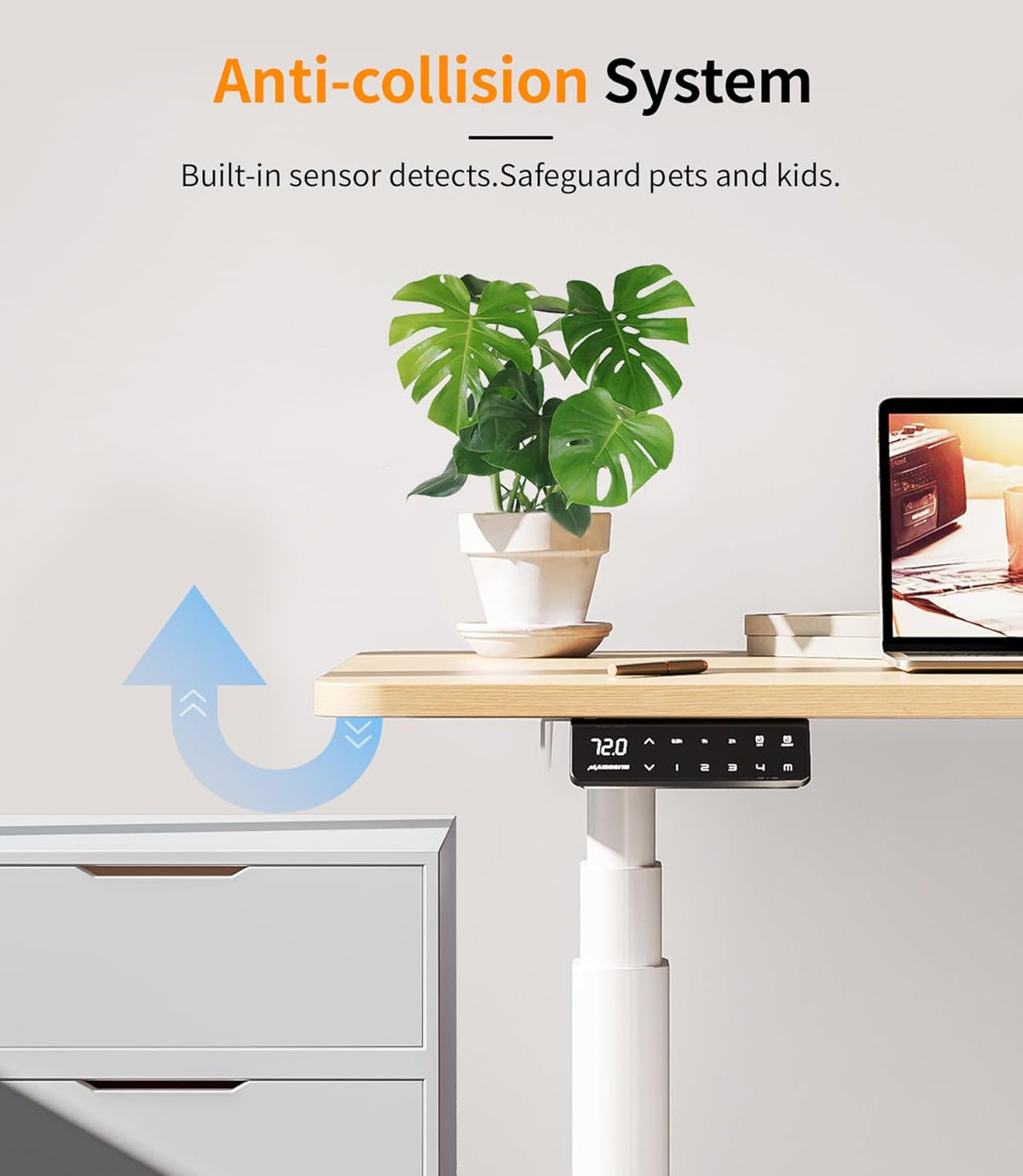MAIDeSITe Height Adjustable Desk EL2 Plus Art Electric Desk with 2 Powerful Motors, Elegant Oval Table Frame, 4 Memory Heights and Impact Protection (White) - QUORE
