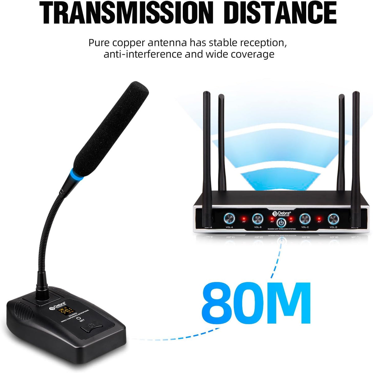 Draadloze UHF microfoonset – Conferentiemicrofoon – Tafelmicrofoon – Zwanenhalsmicrofoon – Presentatiemicrofoon – 4x16 instelbare kanalen – 80 m bereik