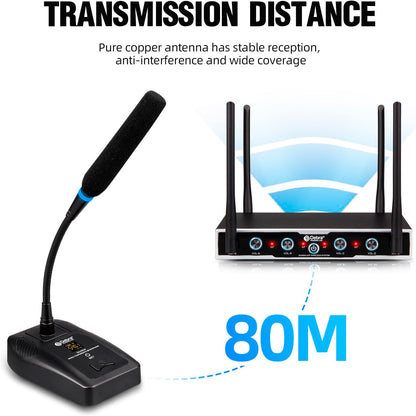 Draadloze UHF microfoonset – Conferentiemicrofoon – Tafelmicrofoon – Zwanenhalsmicrofoon – Presentatiemicrofoon – 4x16 instelbare kanalen – 80 m bereik