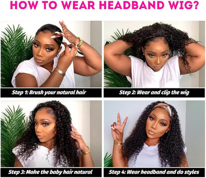 Pruik met haarband – Braziliaanse pruik – Hoofdbandpruik – Menselijk haar pruik – Pruik zonder lijm – 100% Echt Remy Mensenhaar – 66 cm, 150%, Krullend, Natuurlijke Kleur