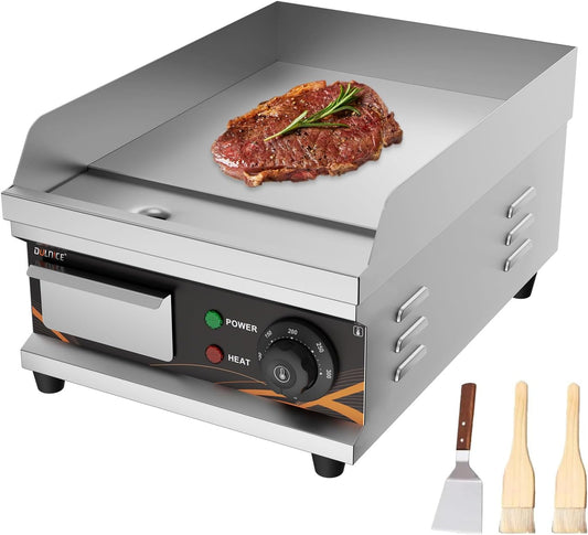 Professionele elektrische plaat gietijzer elektrische grill roestvrij staal met spatbescherming en vetopvangbak, 1500 W