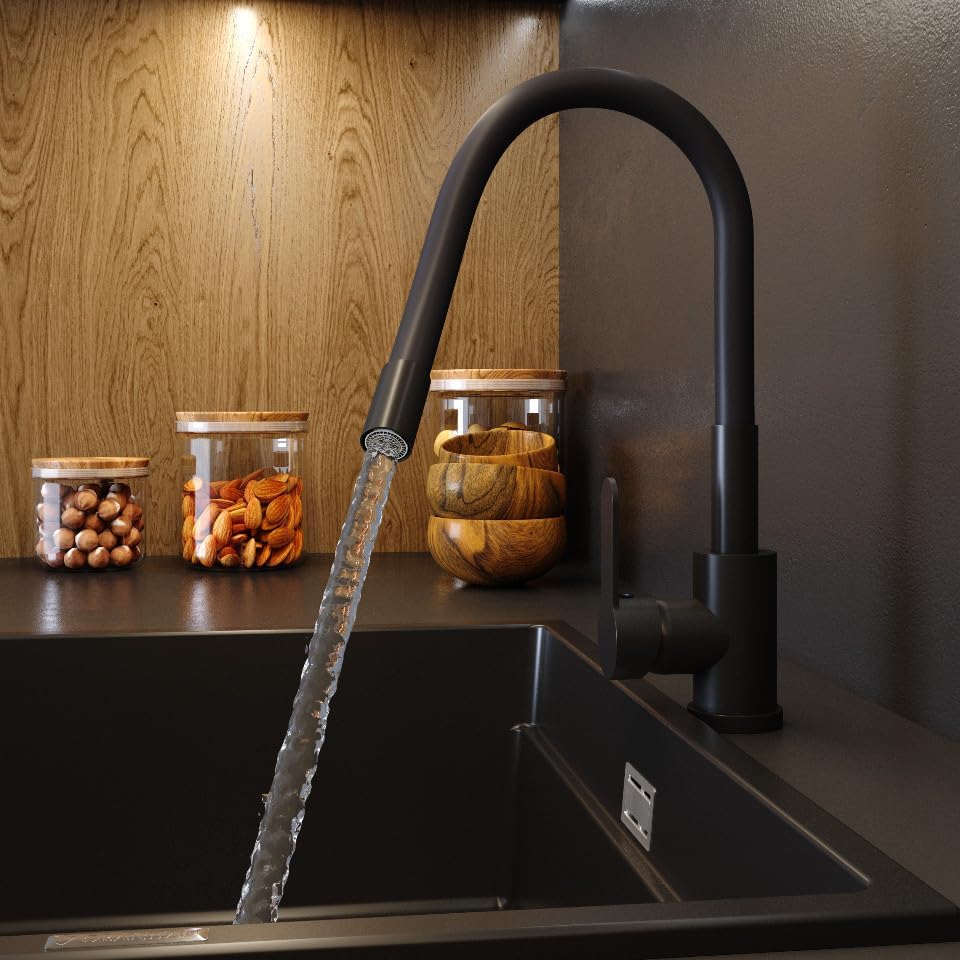 Granitan Gootsteen voor garage, kelder, werkplaats en waskeuken, universele wastafel met sifon, wastafel, wandmontage, 50 x 34 x 31 cm (zwart + wastafelarmatuur FLEX)