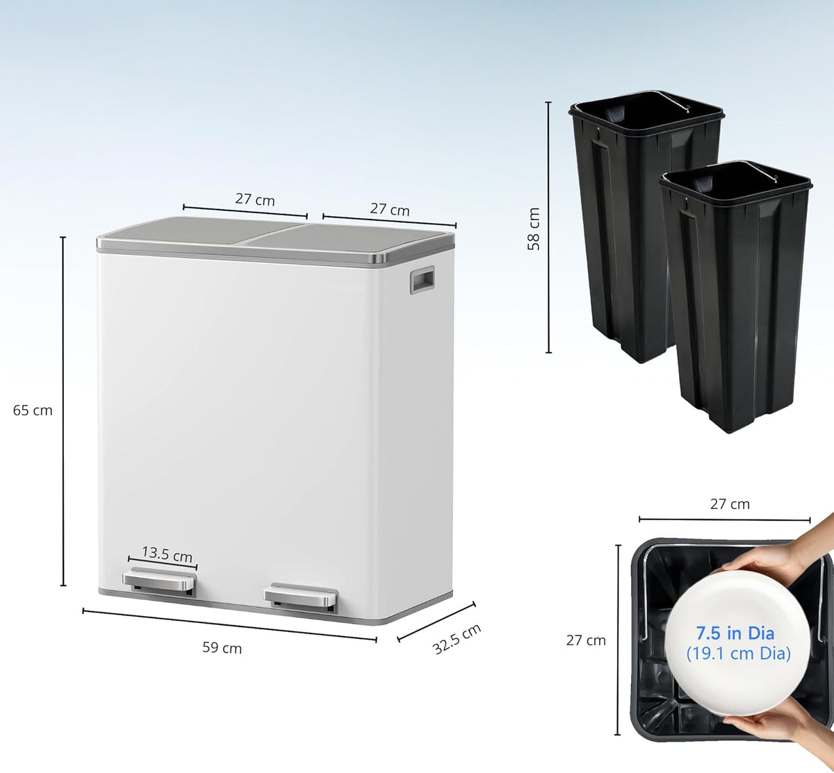 KITCHEN MOVE MAJOR afvalemmer met pedaal, grote capaciteit, 60 l (2 x 30 l), roestvrij staal, wit