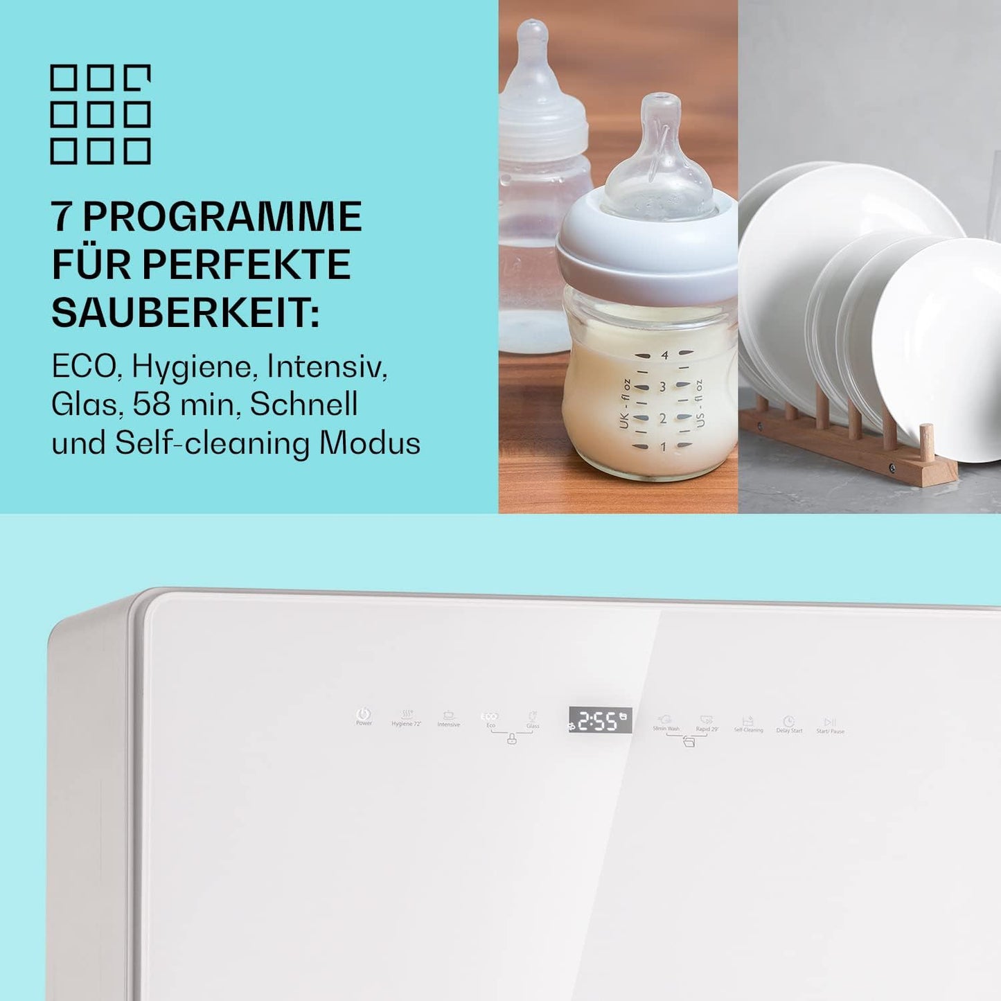 Klarstein Vaatwasser, 5 plafonds, vaatwasservrij, geluidsarm met 6 wasprogramma's, mini-vaatwasser, klein, compact en eenvoudig te installeren