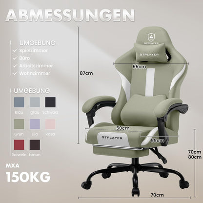 GTPLAYER Gaming stoel, bureaustoel, ergonomische gamingstoel met hoofdsteun en cloud-lendenkussen, gevoerde gamingstoel met voetensteun, draaistoel, 150 kg capaciteit, groen