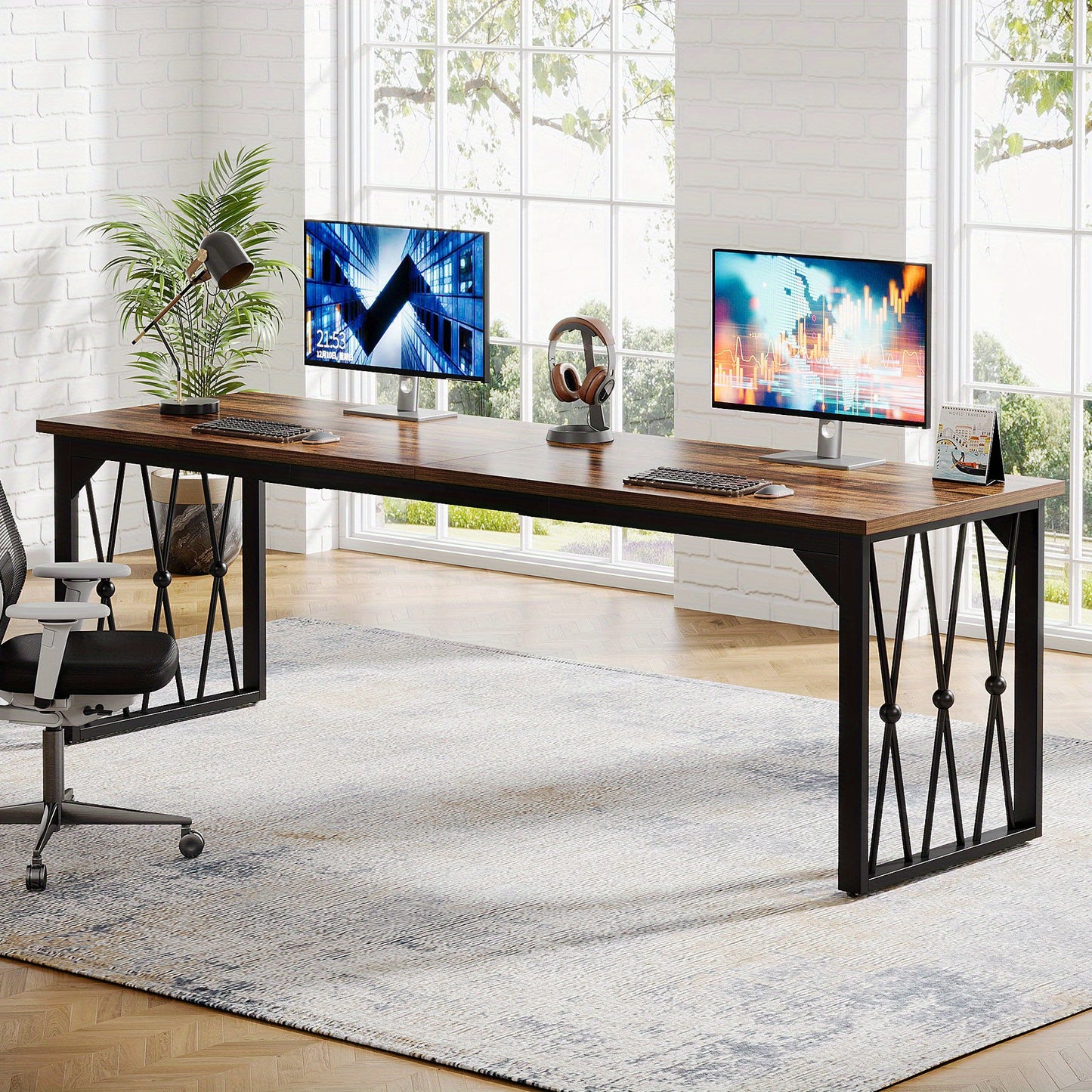 Bureau – Bureaumeubel – Schrijftafel – Werktafel – Computertafel – Verstelbaar In Hoogte – Stevig Met Bruin Gelamineerd Houtblad En Zwart Metalen Frame – 198 cm Lang