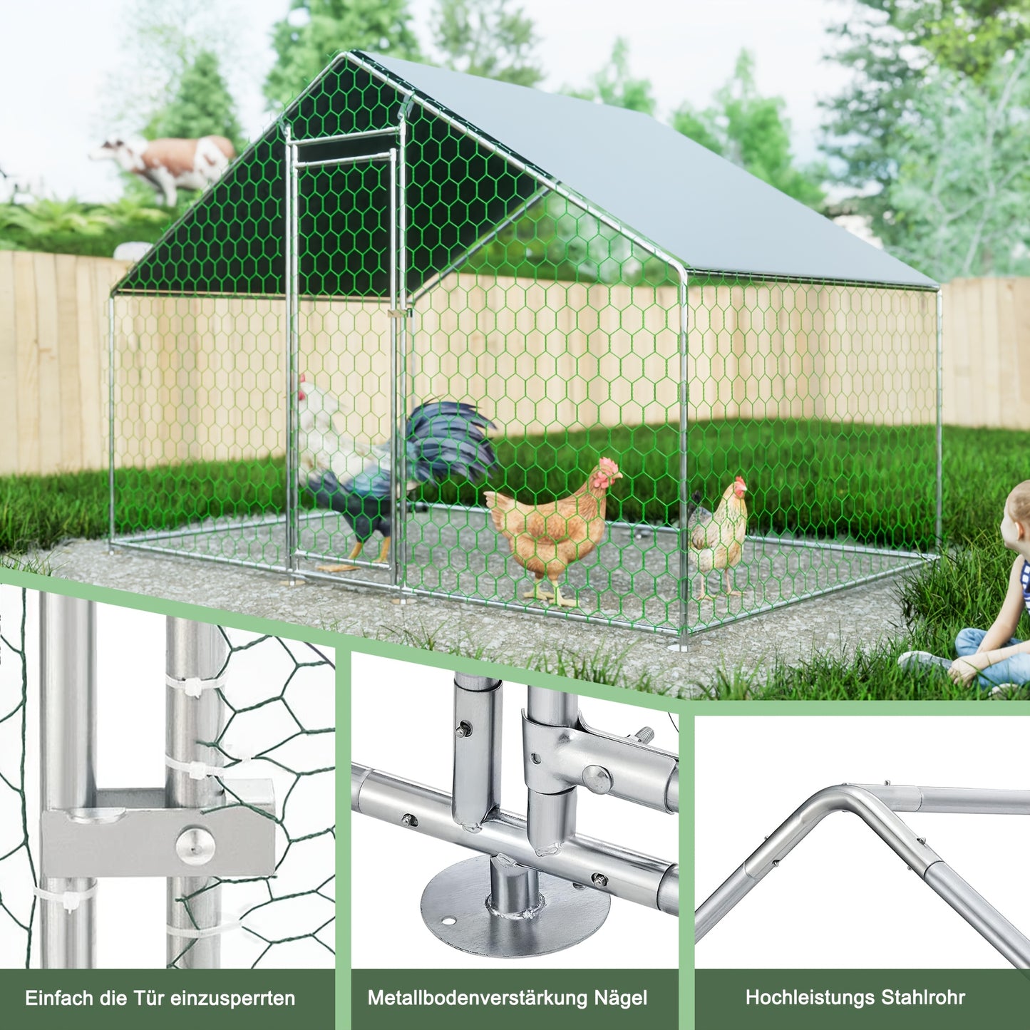 Kippenren – Kippenhok – Pluimveeverblijf – Buitenren – Dierenren – Metaal – 3x2 Meter – Weerbestendig Dak – Eenvoudige Montage
