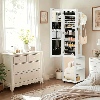 Sieradenkast – Juwelenkast – Spiegelkast – Sieradenorganizer – Opbergkast – 5-in-1 Design – MDF Met Fluwelen Bekleding – Afsluitbaar Met Sleutel – Volledige Lengte Spiegel Met 8 LED-Verlichting – Wielen