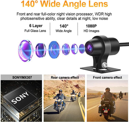 VSYSTO Dashcam voor motorfiets, 140 graden groothoeklens, waterdicht voor en achter, 1080p camera met wifi, GPS, nachtzicht, G-sensor, loop-opname (grijs)