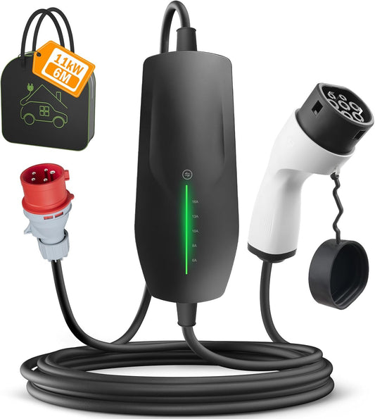Type 2 Mobile Wallbox 11 KW met 16 A CEE-stekker, [3-fasig | 6A -16A | 6m laadkabel ] draagbare EV oplader, IP66 waterdicht mobiel laadstation voor EV PHEV draagbare tassen