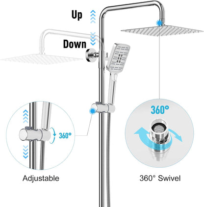 Doucheset – Douchekop – Regendouche – Douchesysteem – Thermostaatkraan – Vierkante Regendouche 25x25 cm – Roestvrijstalen Douchestang Verstelbaar 92-126 cm