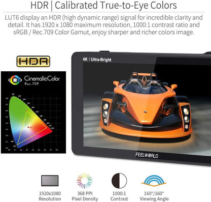 FEELWORLD LUT6S 2600Nit Camera Field Monitor 6 Inch TouchScreen 1920x1080 IPS Veldmonitor met 3G-SDI&4K HDMI Ingang/Loop Uitgang,3D LUT,HDR Golfvorm,Peak Focus DSLR Video Assist,Tilt Arm