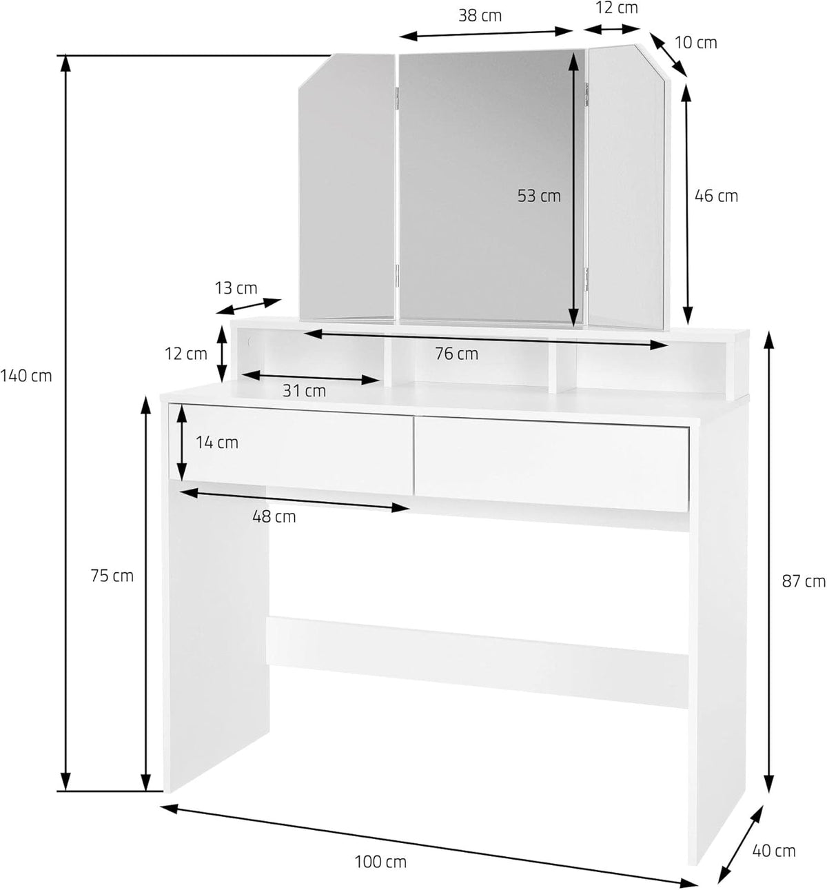 ML-Design Makeup Table with Folding Mirror and Stool, 100 x 40 x 140 cm, Modern White, with 2 Drawers, 3 Open Compartments, Dressing Table, Wooden Pane, Bedroom - QUORE