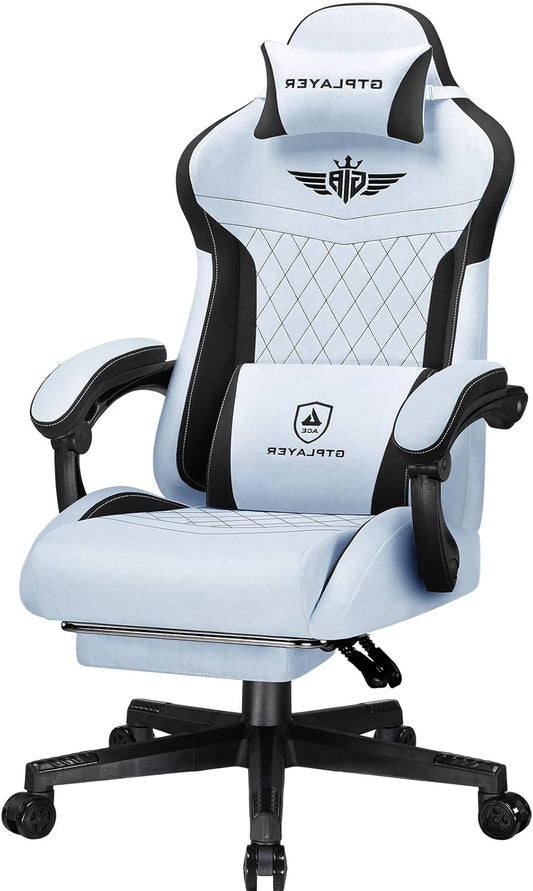 GTPLAYER Gaming Chair, Ergonomic Gamer Chair Made of High Quality Flannel with Lumbar Support, PC Chair with Widened Backrest, Maximum Load 150 kg, Light Blue - QUORE