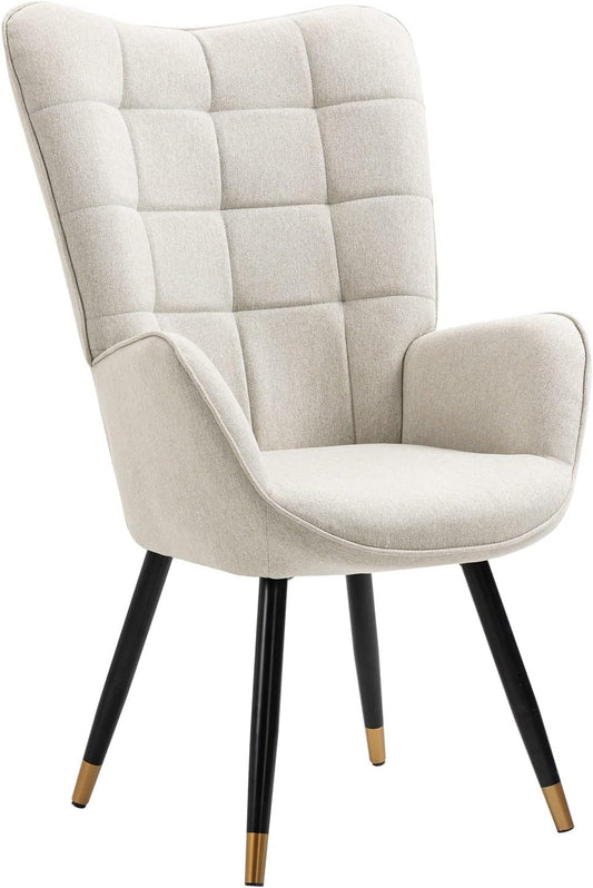 MEUBLE COSY Leunstoelen, scandinavische stoel lounge relaxstoel armleunstoel met beklede vergulde metalen poten, stof, beige, 66x50x110cm