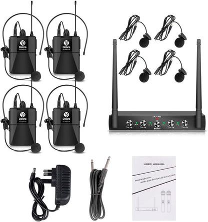 Debra Audio Pro UHF Draadloos 4-Kanaals Microfoonset met Lavalier en Headset, Metalen Ontvanger voor Karaoke en Kerk (B-frequentie)