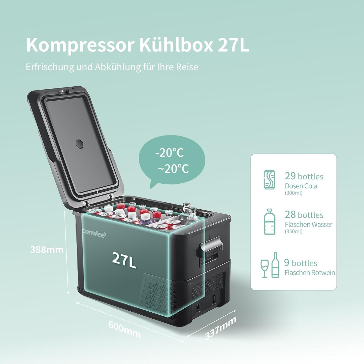 Comfee RCP27DK3(E) Compressorkoelbox, 27 liter, 12 V/230 V, elektrische campingkoelkast, -20 °C tot 20 °C, 3 instelbare standen, 45 dB geluid, ideaal voor auto, vrachtwagen, strand, picknick