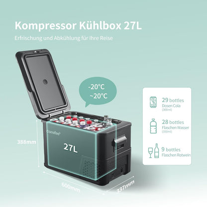 Comfee RCP27DK3(E) Compressorkoelbox, 27 liter, 12 V/230 V, elektrische campingkoelkast, -20 °C tot 20 °C, 3 instelbare standen, 45 dB geluid, ideaal voor auto, vrachtwagen, strand, picknick