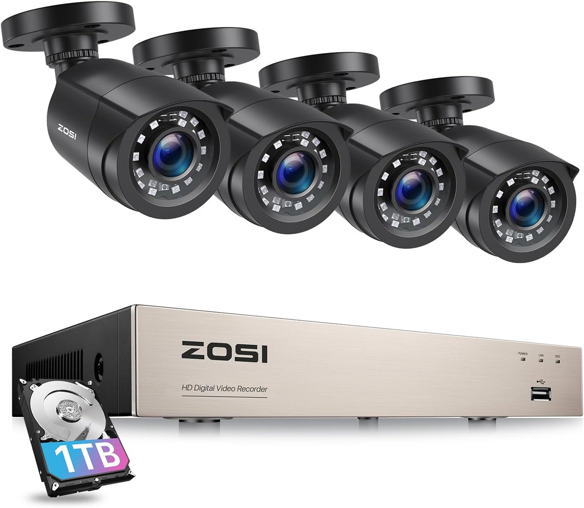 ZOSI 1080p Video Bewakingscamera Set voor Buiten 8CH 1TB DVR met 4 Outdoor 2MP Camerasystemen, Bewegingsdetectie, App E-mail Alarm