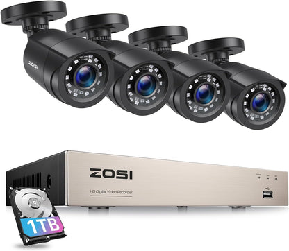 ZOSI 1080p Video Bewakingscamera Set voor Buiten 8CH 1TB DVR met 4 Outdoor 2MP Camerasystemen, Bewegingsdetectie, App E-mail Alarm