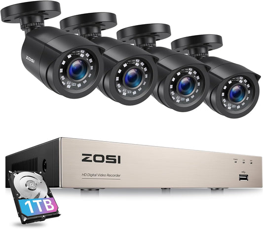 ZOSI 1080p Video Bewakingscamera Set voor Buiten 8CH 1TB DVR met 4 Outdoor 2MP Camerasystemen, Bewegingsdetectie, App E-mail Alarm