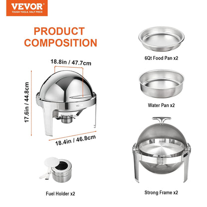 VEVOR DT-C1101 Ronde Catering Warmer Server Chafing Dish Buffet Set, Roestvrij Staal, Zilver