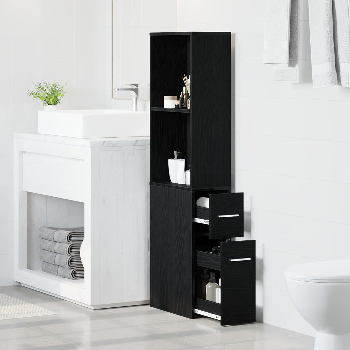 Gecheer Narrow Bathroom Cabinet, Black Oak, 22 x 41 x 135 cm, Bathroom Cabinet, Storage Rack for Bathroom, Hallway, Entrance, Kitchen, 871653 - QUORE