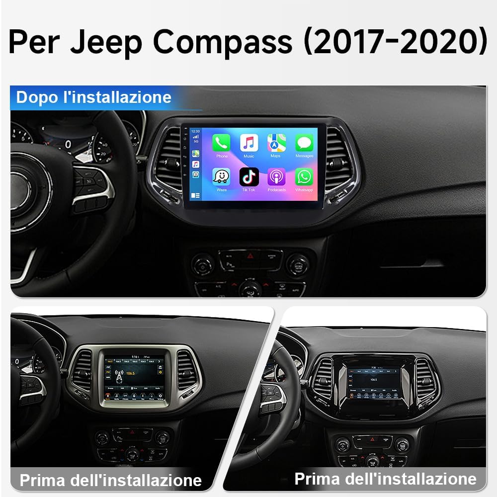 Android 14 autoradio voor Jeep Compass 2017-2020 - Touchscreen HD 10,1 inch 1280 x 800, Wireless CarPlay & Android Auto, GPS WiFi Bluetooth, dubbele USB-aansluiting, stereo auto hifi