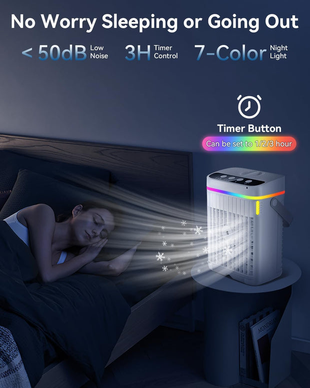 4-in-1 Mobiele Airco - Draagbare Airconditioning - Mini-Airconditioning - 1250 ml - met Timer van 1-3 uur - 3 Snelheden - 3 Nevelmodi - 7-Kleuren-LED - 10W - 5V - 13 x 20 x 27 cm - Wit