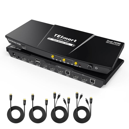 TESmart 4K30Hz KVM Switch 2 monitoren, HDMI 2 PC 2 Monitor Switch met kabel x 4, EDID-emulator, audio extractor, USB 2.0 voor toetsenbord muis scanner printer, HDCP 2.2, hotkey, button schakelaar