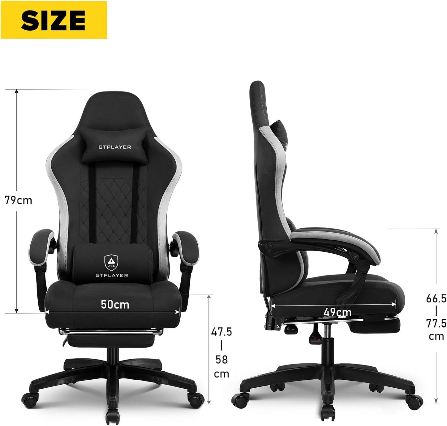 GTPLAYER Gaming Chair, Ergonomic Gaming Chair, Office Chair with Fabric Surface, Spring Seat Cushion, Connecting Armrests and Footrest Black - QUORE