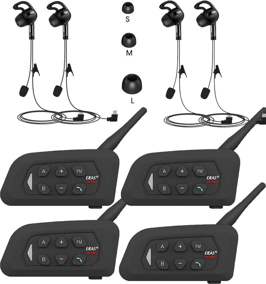 SolaMr V4C Plus Scheidsrechtersintercomhelmhoorn, Bluetooth 5.1 Sprekers Voor de Linkeroor, Interfoniekencommunicatiesysteem met CVC Geruisreductie, FM Radio en 4 Weg Intercom tot 1500 Meter - 4 Pak