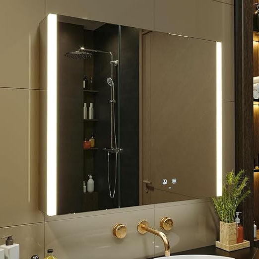 Moderne Badkamerspiegel – Spiegelkast – Verlichte Spiegelkast – Spiegelkast Met Opbergruimte – Wandspiegelkast – Anti-Condens – LED Verlichting Met Dimmer (80 x 71 cm) - QUORE