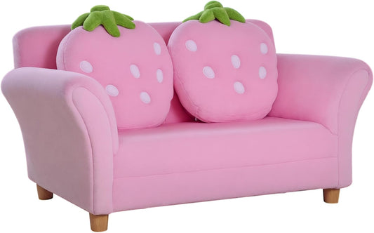 Kinderbank – Kinderstoel – Zitzetel – Bankje – Sofa – Aardbeienmotief – Stevig Houten Frame – Zachte Coral Fleece Bekleding