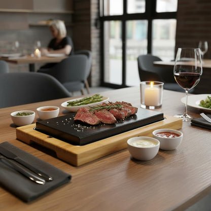 Lavasteen steakbord, extra groot, Hot Stone Stone Grill Set van bamboeplank, lavastone en porseleinen plaat, vlees, vis grillen op hete steen (XXL)