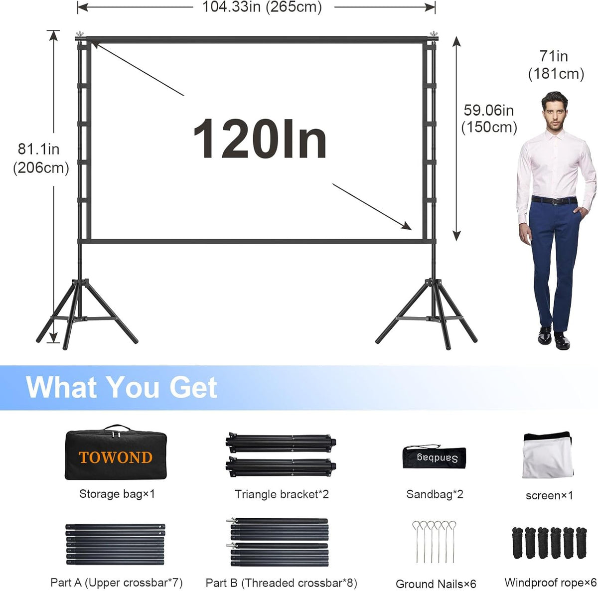TOWOND 120 inch projectorscherm met standaard, opvouwbaar draagbaar 16:9 HD buitenprojectiescherm voor thuisbioscoop en tuin, projectie voor en achter, wasbaar, kreukvrij polyester met draagtas