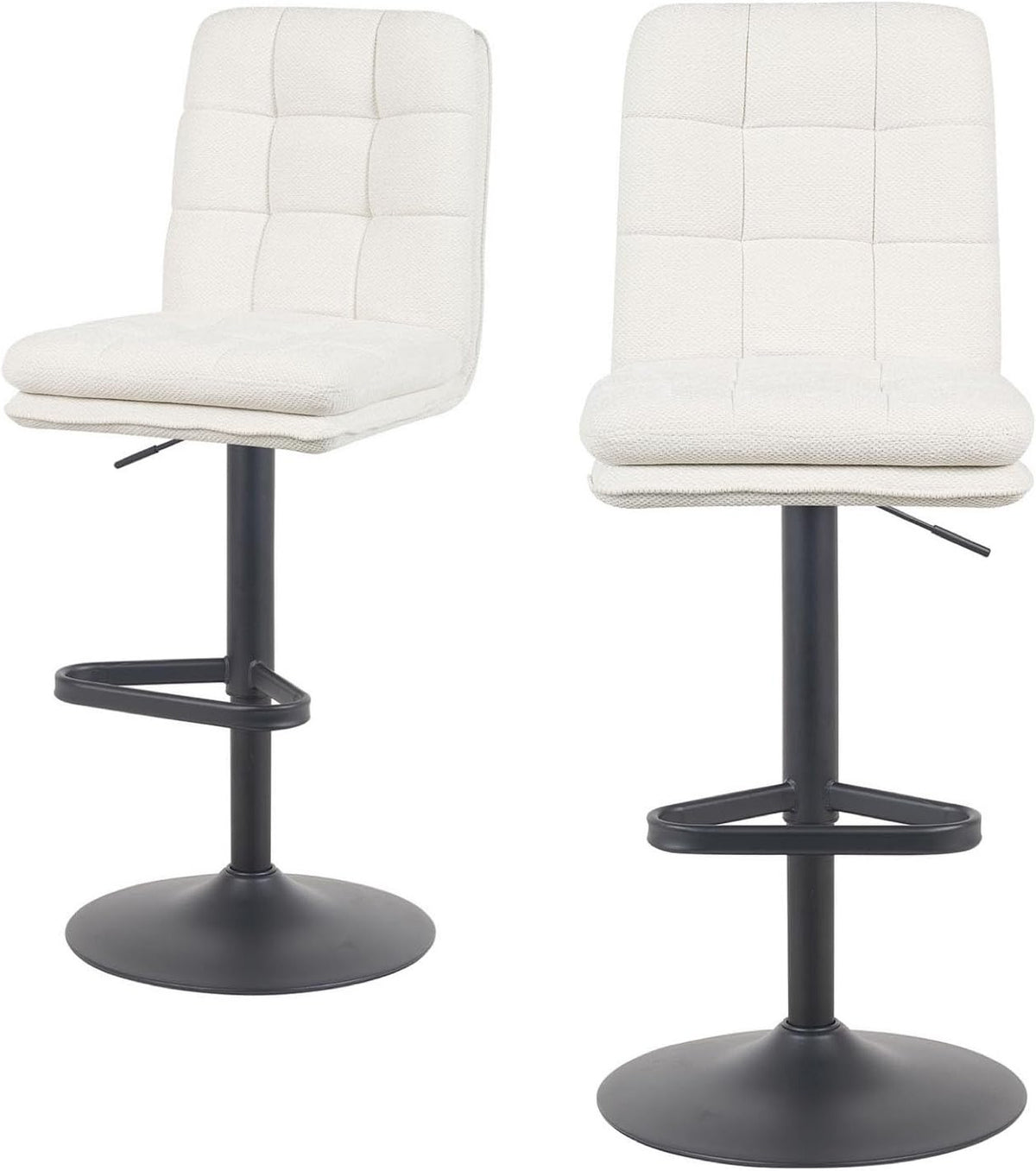 DUBI Möbel Enno Bar Stool – Double Cushions & Padded Backrest – Continuously Adjustable Height – Black Matte Dish Base with Triangular Footrest – Woven Fabric Cream - QUORE