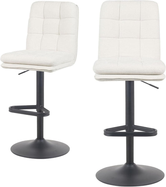 DUBI Möbel Enno Bar Stool – Double Cushions & Padded Backrest – Continuously Adjustable Height – Black Matte Dish Base with Triangular Footrest – Woven Fabric Cream - QUORE