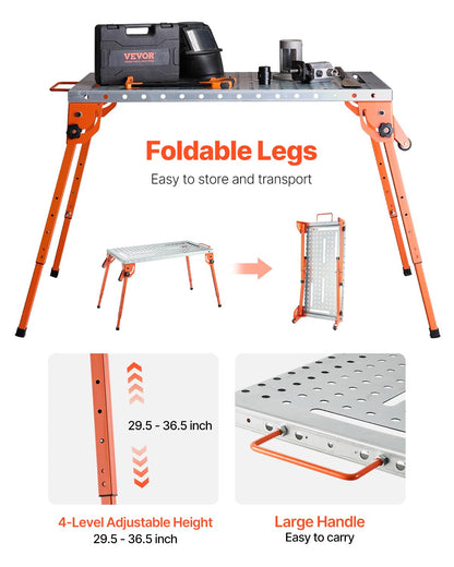 VEVOR Folding Welding Table 44" x 21", 500lbs Capacity Welding Workbench with 4 Levels Adjustable Height, Carbon Steel Workbench with 6 Tool Slots and 1.5cm Fixture Holes for Welding Assembly
