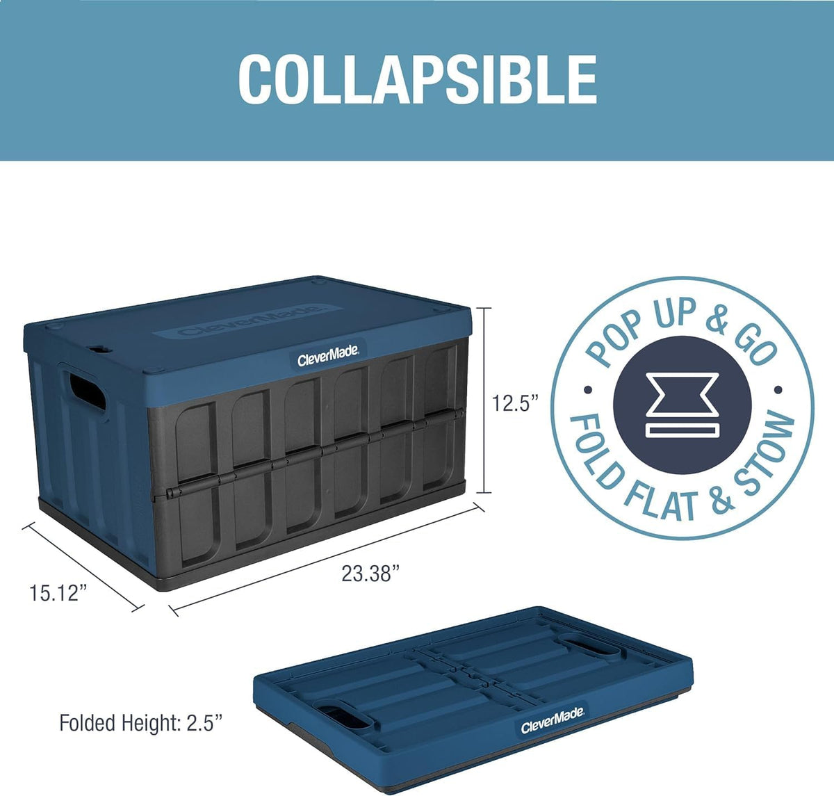 CleverMade Collapsible Storage Bins with Lids - Ocean 3 Pack 62L - Plastic Containers Stackable Organization Crates Home Closet Space-Saving Durable