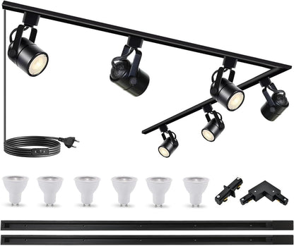 Railverlichting – Railspots – Spotverlichting – Plafondspots – LED Spots – GU10, 6 Verstelbare Spots – 4000K Neutraal Licht, 350° Draaibaar & 270° Kantelbaar