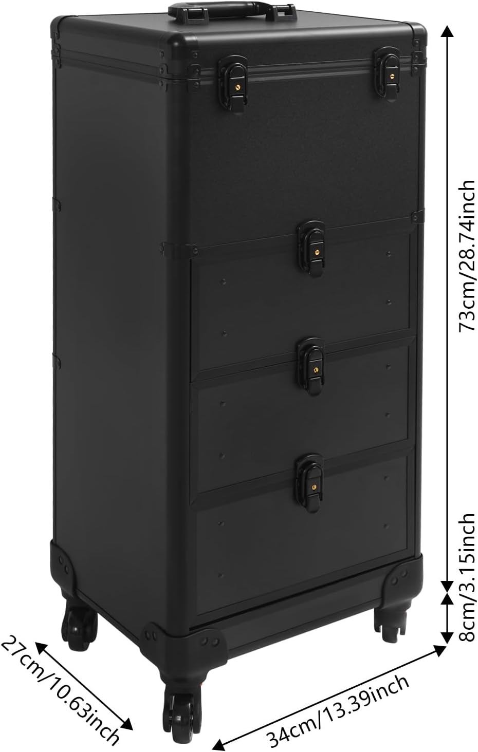 OUKANING Professional Makeup Case Trolley with Lock 3 Drawers and Telescopic Handle Shockproof Aluminium Cosmetic Case with 4 Wheels for Makeup Artists Travel Salon (Black, Shiny) - QUORE