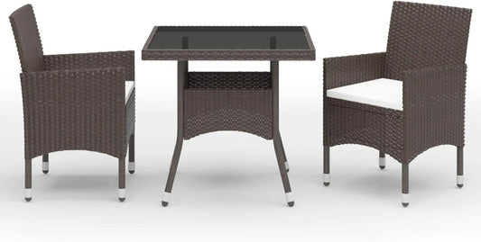 Gecheer 3-Piece Poly Rattan and Glass Bistro Set, Rattan Garden Table and Chairs, Dining Room Chairs, Square Glass, 80 cm and 2 Outdoor Rattan Chairs - QUORE