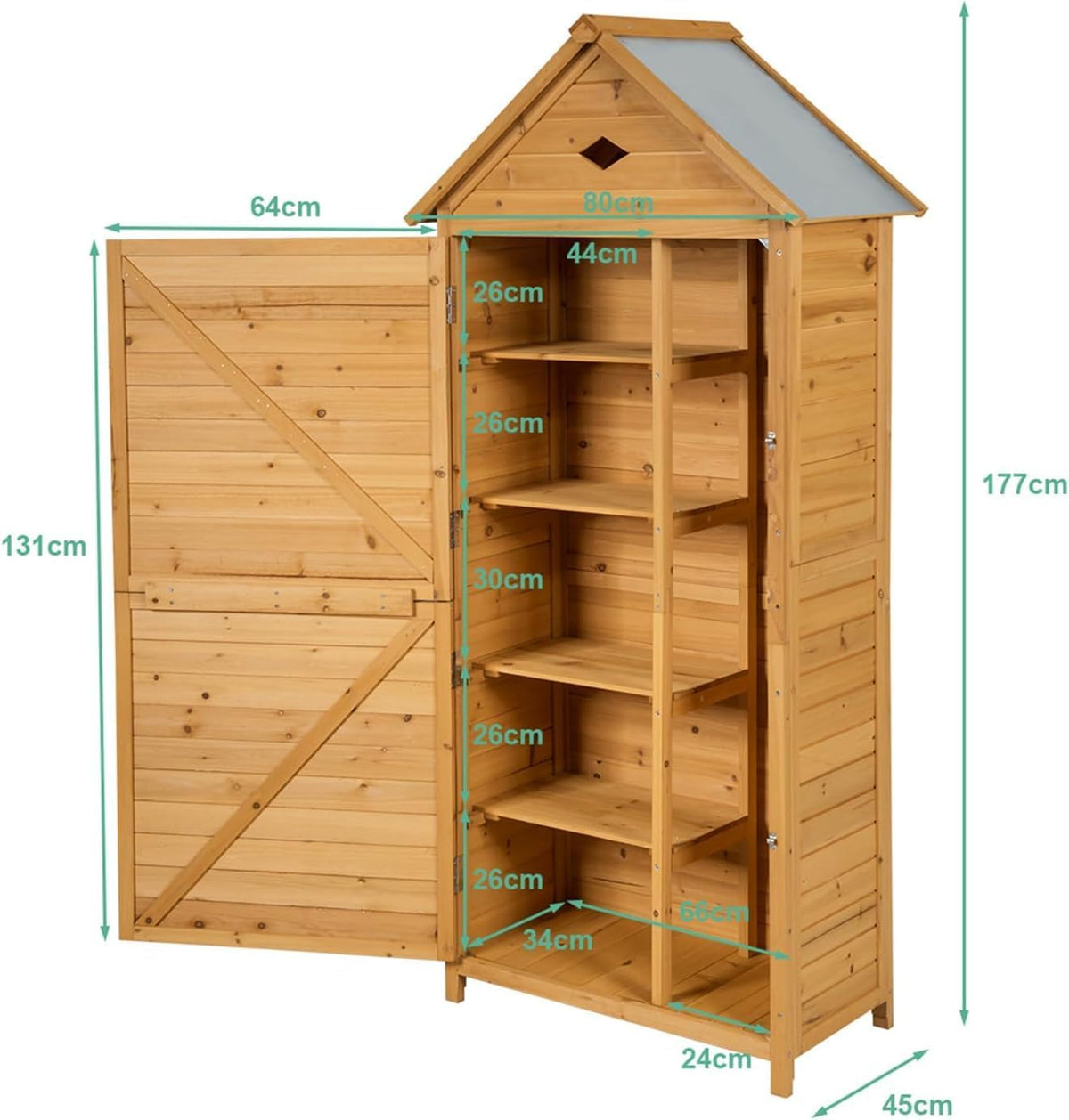 FANTASK 177 x 80 x 45 cm garden cabinet wood, tool shed tool cabinet, garden tool shed, weatherproof, garden shed, tool cabinet, wooden shed with gable roof - QUORE