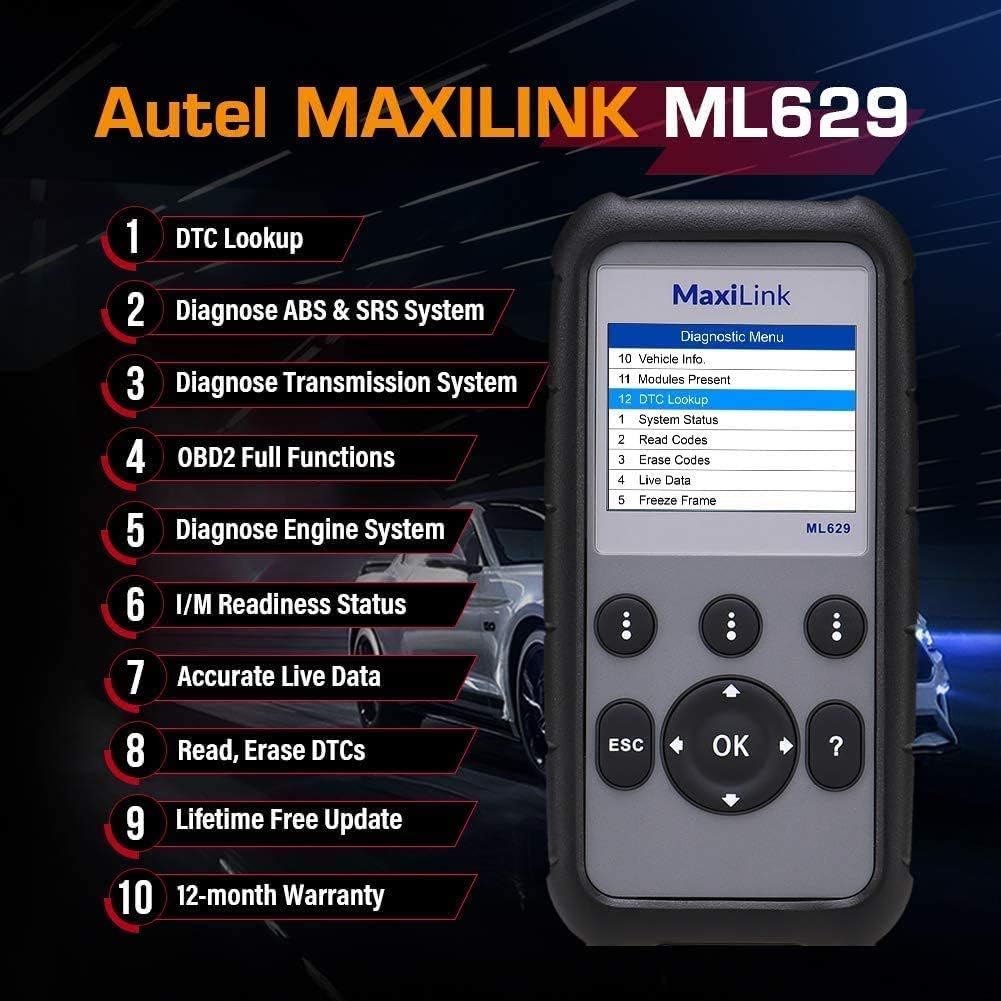 Autel ML629 OBD2-diagnoseapparaat, auto-uitleesapparaat, alle OBDII-dieselmotoren, benzinemotor, airbag, antiblokkeersysteem, motor, transmissiesysteem, diepe diagnose, 14 talen, Duits incl.