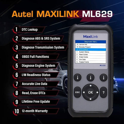 Autel ML629 OBD2-diagnoseapparaat, auto-uitleesapparaat, alle OBDII-dieselmotoren, benzinemotor, airbag, antiblokkeersysteem, motor, transmissiesysteem, diepe diagnose, 14 talen, Duits incl.